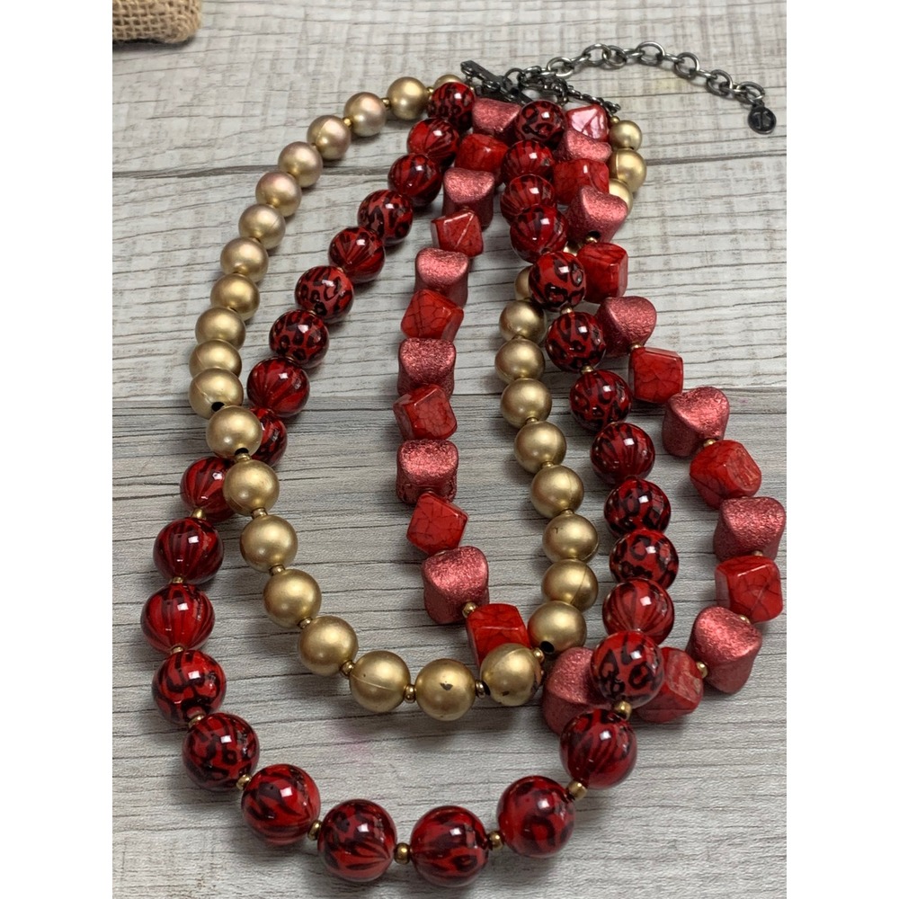 Jessica Simpson Red Gold Leopard‎ Print Beaded Multi Strand Statement Necklace - Picture 4 of 7